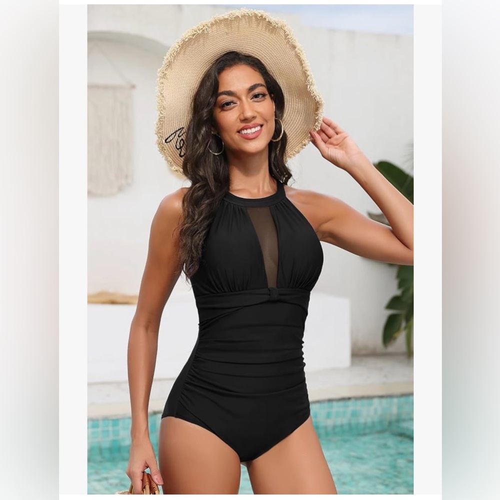 Chic Black High-Neck One-Piece Swimsuit with Mesh Panel